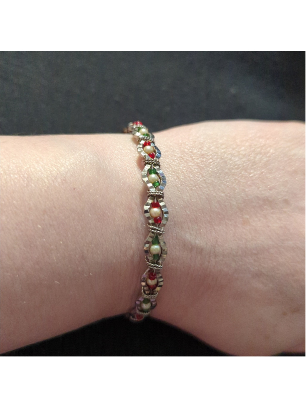 Silver Tone Red Green Beaded Faux Pearl Wire Wrapped Bangle Statement Bracelet